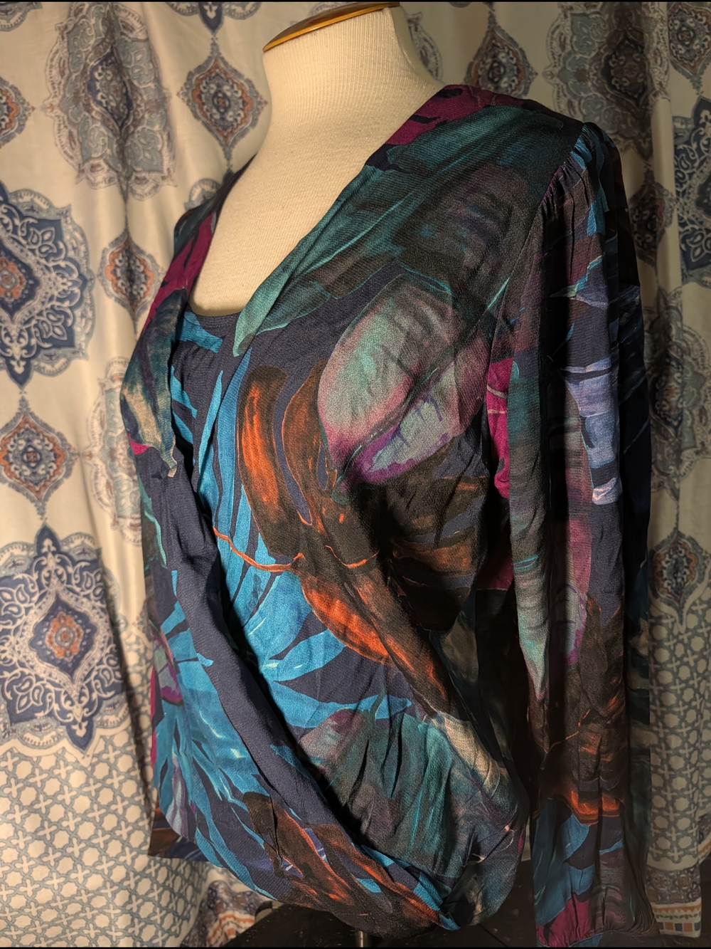 draped front blouse | Karen Kane abstract art print | blue purple teal size M